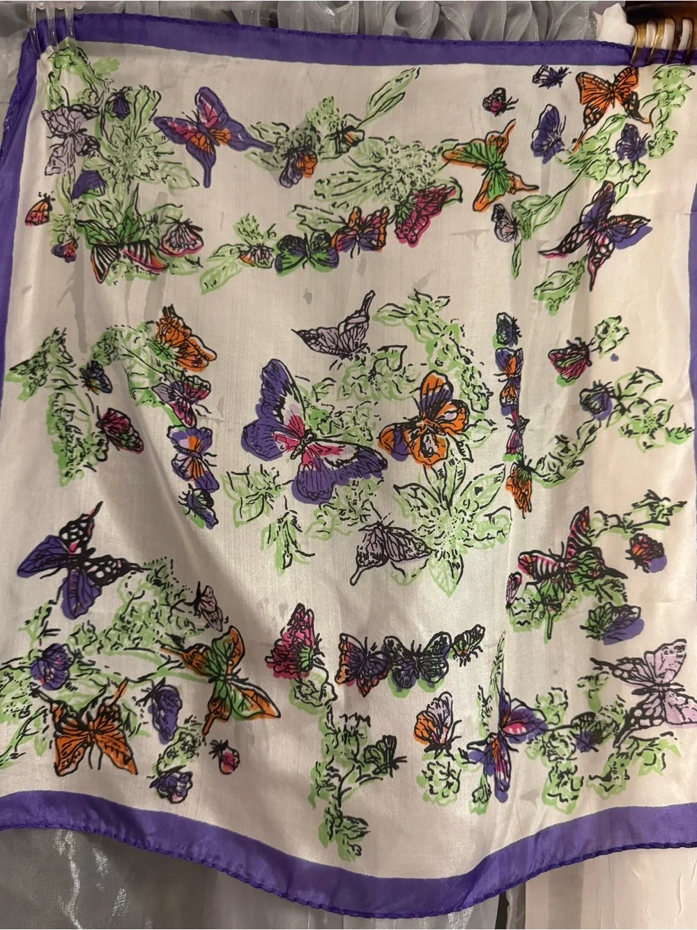 Vintage Butterfly & Botanical Foliage Silk Purple & White Scarf Made